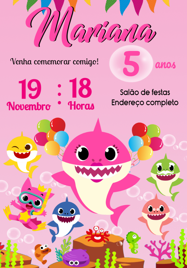 Convite Aniversário Baby Shark Rosa para Editar Online Convite Aniversário Baby Shark Rosa para Editar Online