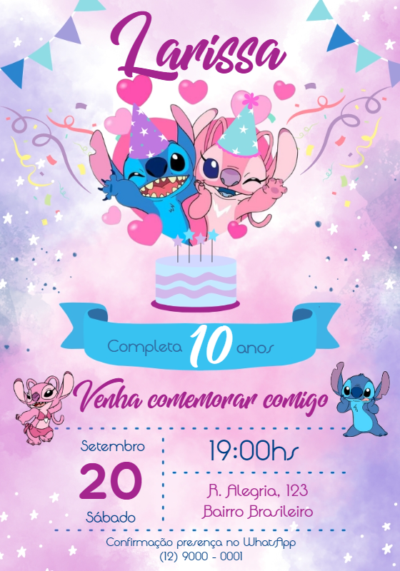 Convite Aniversário Stitch e Angel para Editar Online Convite Aniversário Stitch e Angel para Editar Online