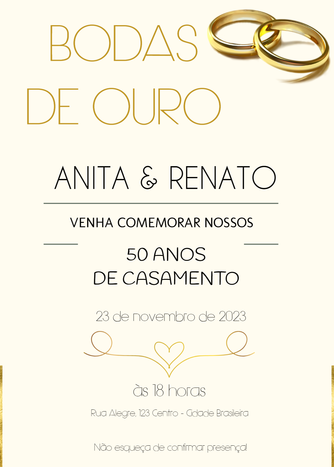 Convite Bodas de Ouro Dourado Elegante para Editar Online Convite Bodas de Ouro Dourado Elegante para Editar Online