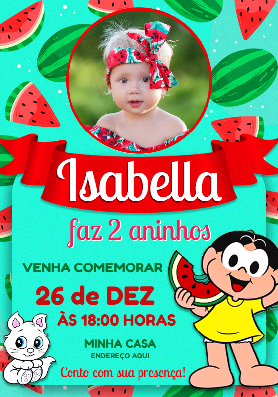 Convite de Aniversário Magali Melancia com Foto para Editar Convite de Aniversário Magali Melancia com Foto para Editar