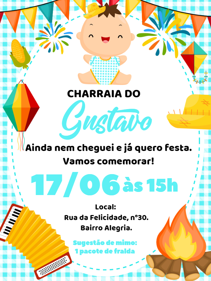 Convite Charraiá de Fraldas Menino com Tema Junino para Editar Convite Charraiá de Fraldas Menino com Tema Junino para Editar