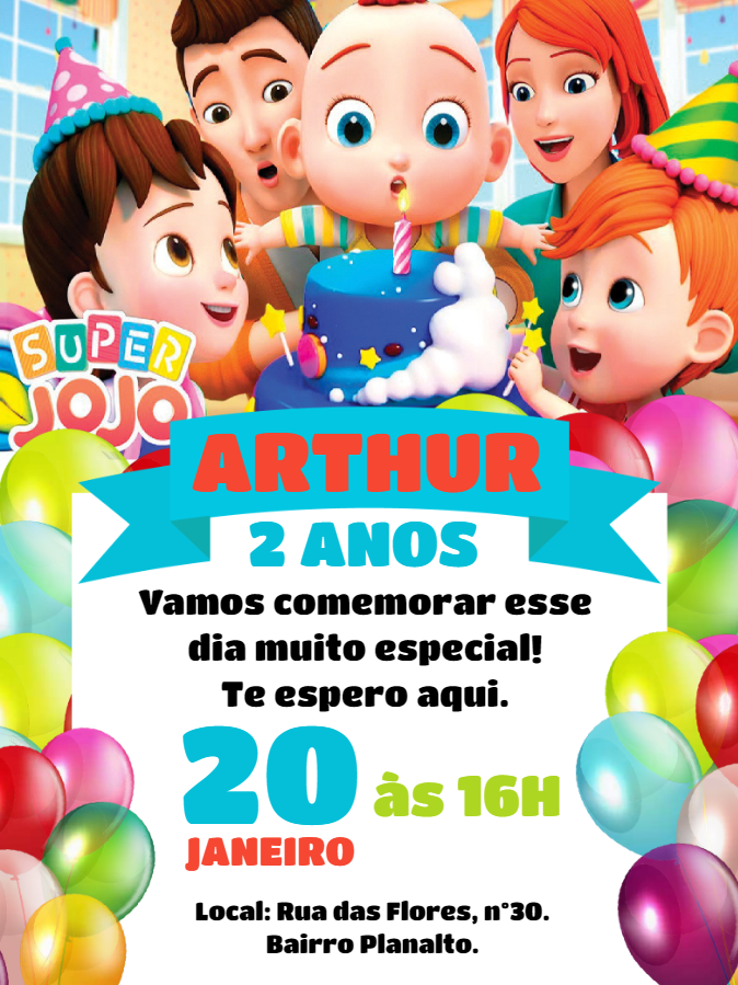Convite de Aniversário Super Jojo para Editar Online