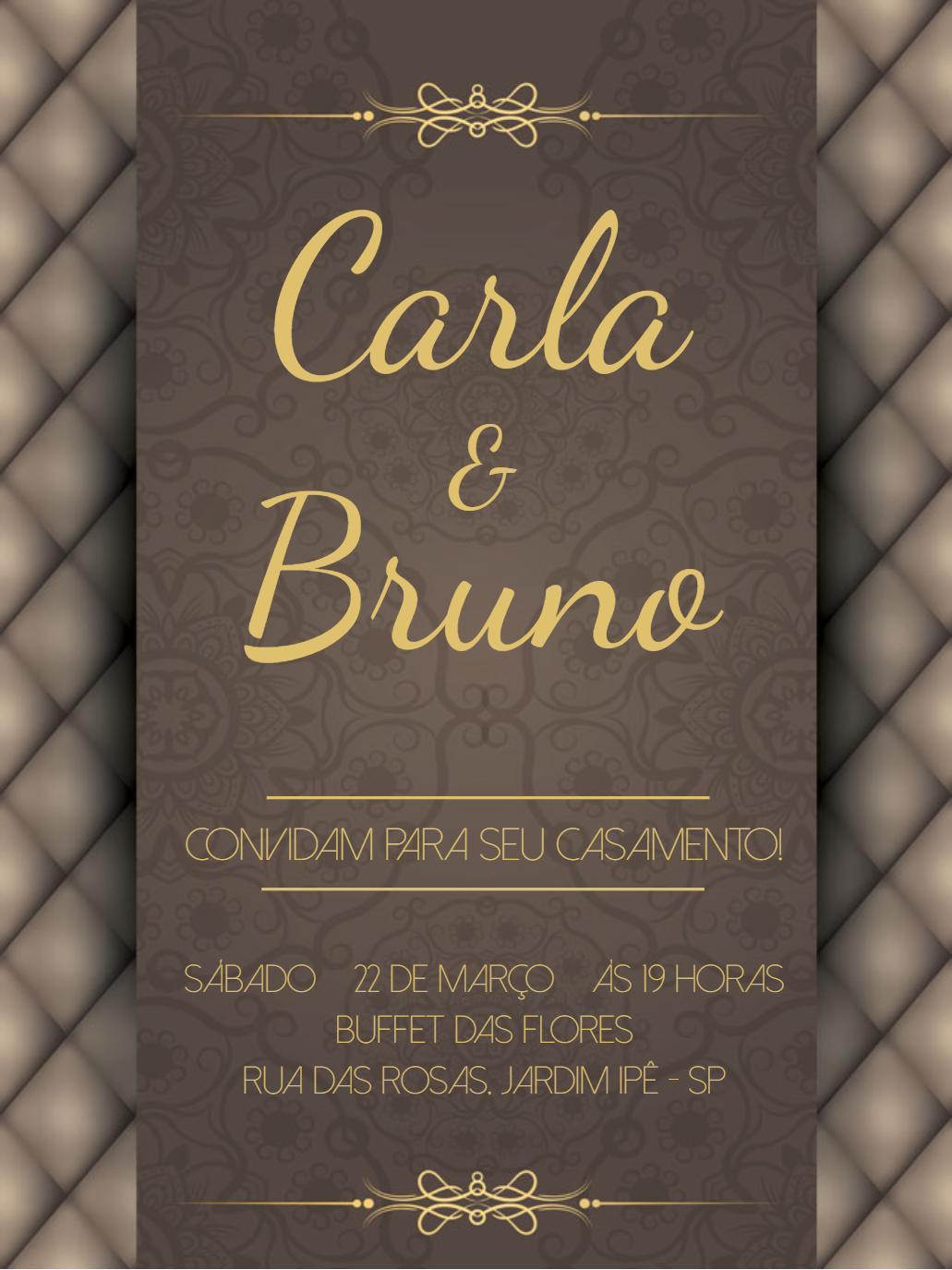 Convite de Casamento Clássico Marrom e Dourado para Editar Convite de Casamento Clássico Marrom e Dourado para Editar