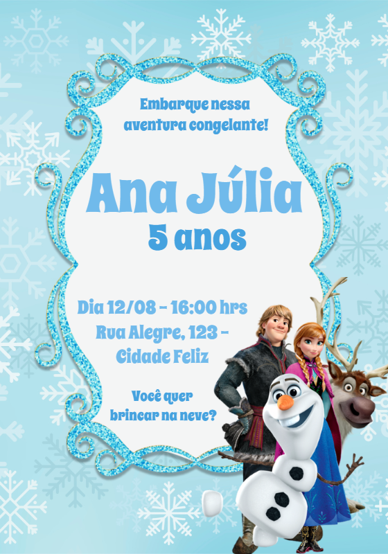Convite de Aniversário Frozen com Personagens para Editar Online Convite de Aniversário Frozen com Personagens para Editar Online