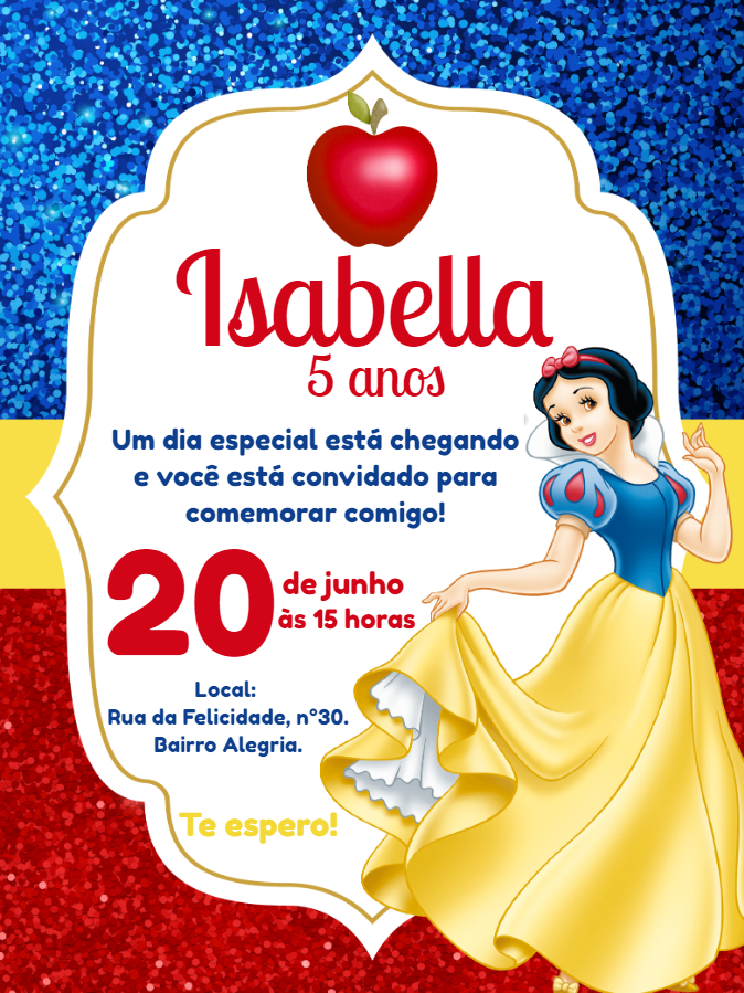 Convite Aniversário Branca de Neve para Editar Online Convite Aniversário Branca de Neve para Editar Online