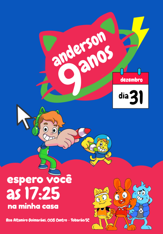 Convite Aniversário Gato Galáctico com Personagens para Editar Convite Aniversário Gato Galáctico com Personagens para Editar