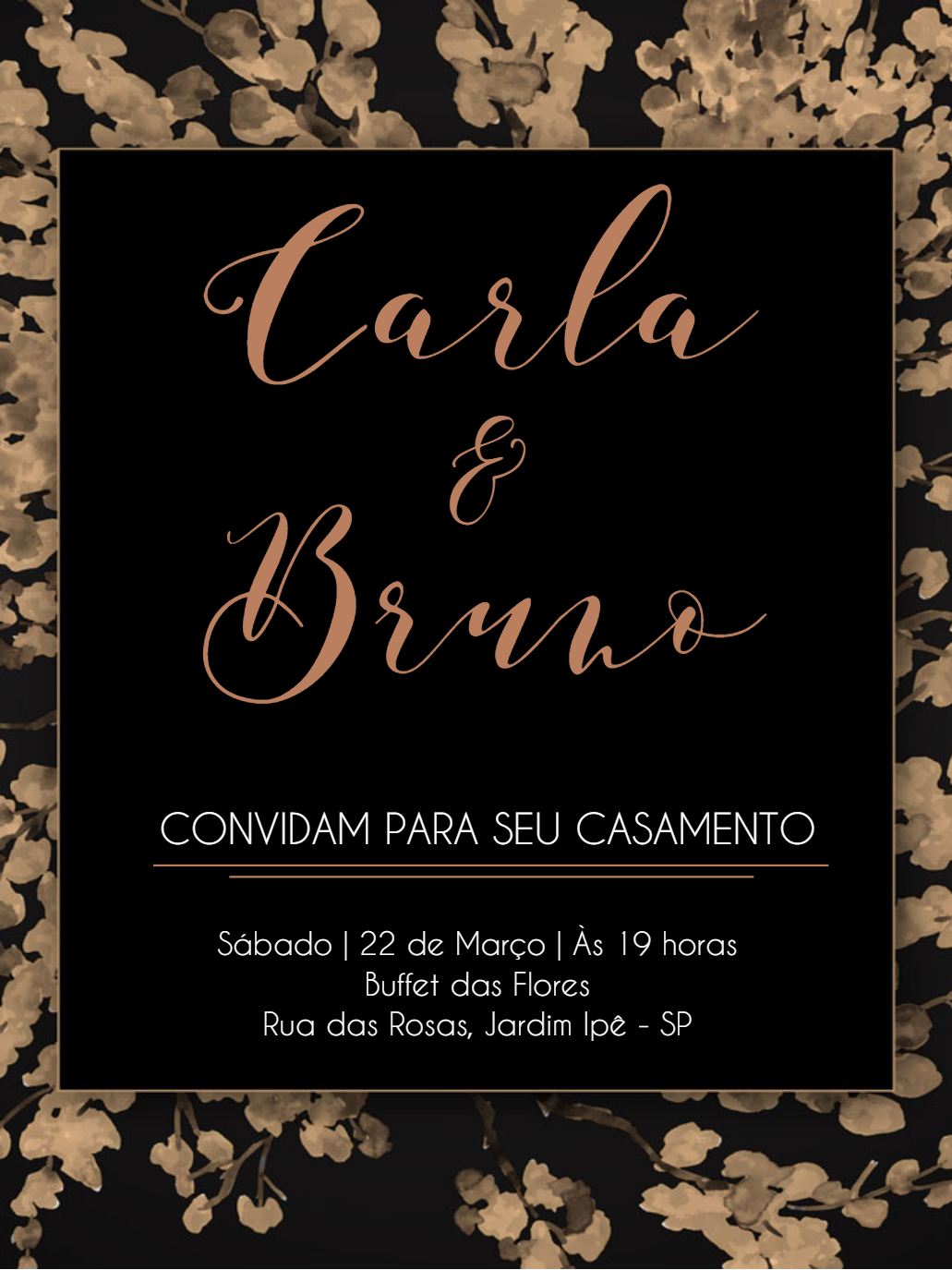 Convite de Casamento Floral Preto e Dourado para Editar Online