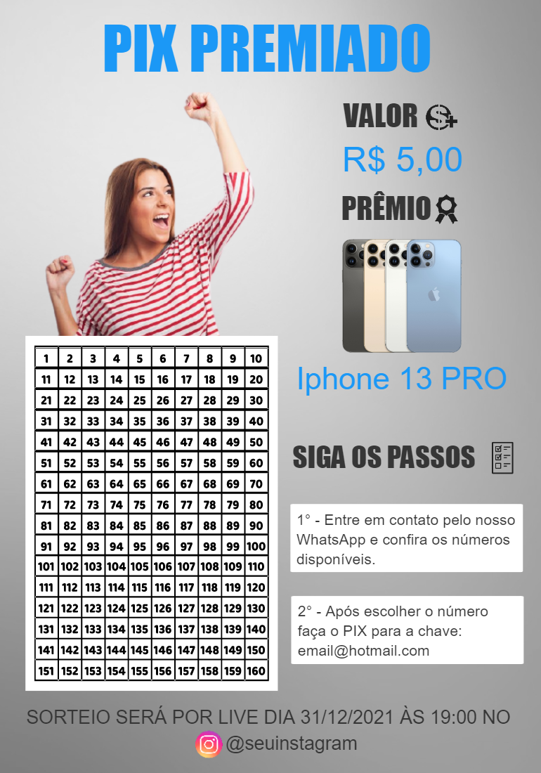 Arte Rifa Pix Premiado com Tabela de Números para Editar Online