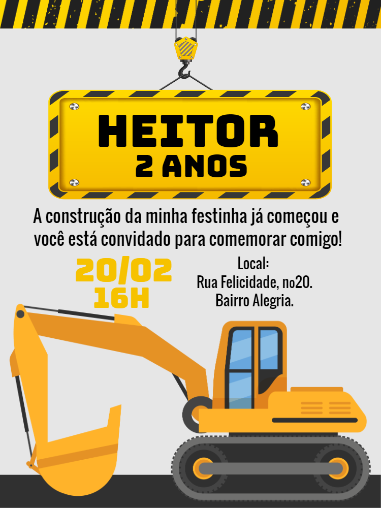 Convite de Aniversário Construção com Máquinas para Editar Convite de Aniversário Construção com Máquinas para Editar