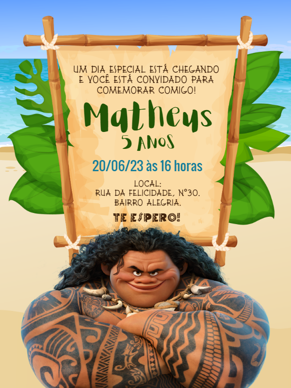 Convite Aniversário Maui Moana para Editar Online Convite Aniversário Maui Moana para Editar Online