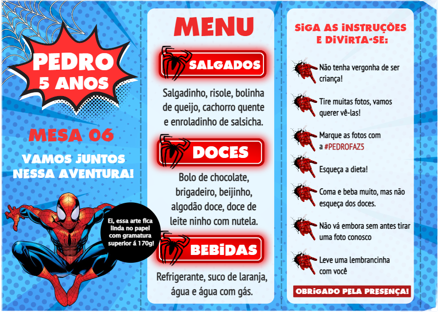 Menu de Mesa Aniversário Homem Aranha para Editar Online Menu de Mesa Aniversário Homem Aranha para Editar Online