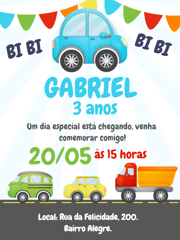 Convite de Aniversário Carrinhos Coloridos para Editar Online Convite de Aniversário Carrinhos Coloridos para Editar Online
