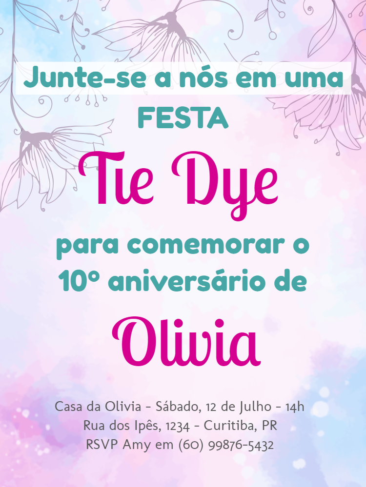 Convite de Aniversário com Tema Tie Dye para Editar Online Convite de Aniversário com Tema Tie Dye para Editar Online