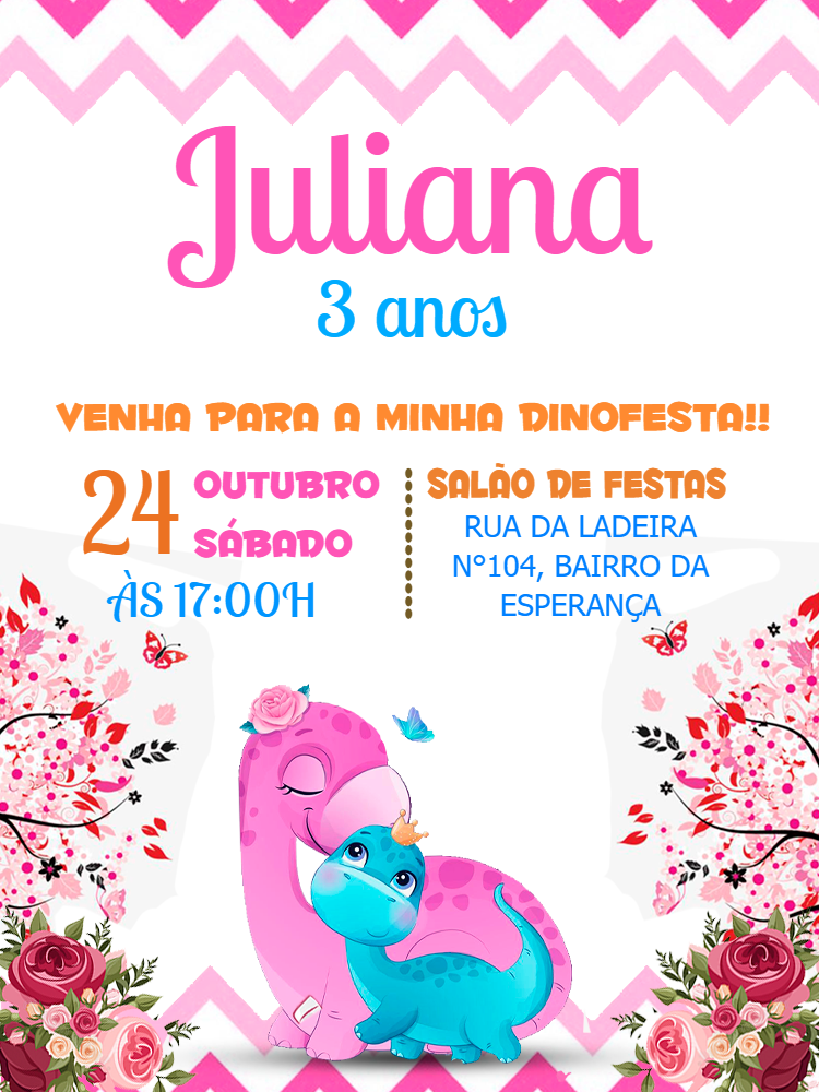 Convite Aniversário Dinossauro Menina Editável Online Convite Aniversário Dinossauro Menina Editável Online