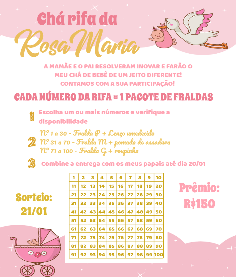 Convite Chá Rifa Cegonha Menina para Editar Online