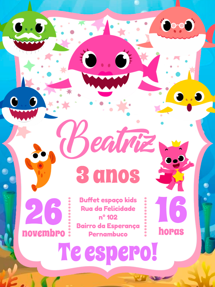 Convite Aniversário Baby Shark com a Turma para Editar Online Convite Aniversário Baby Shark com a Turma para Editar Online