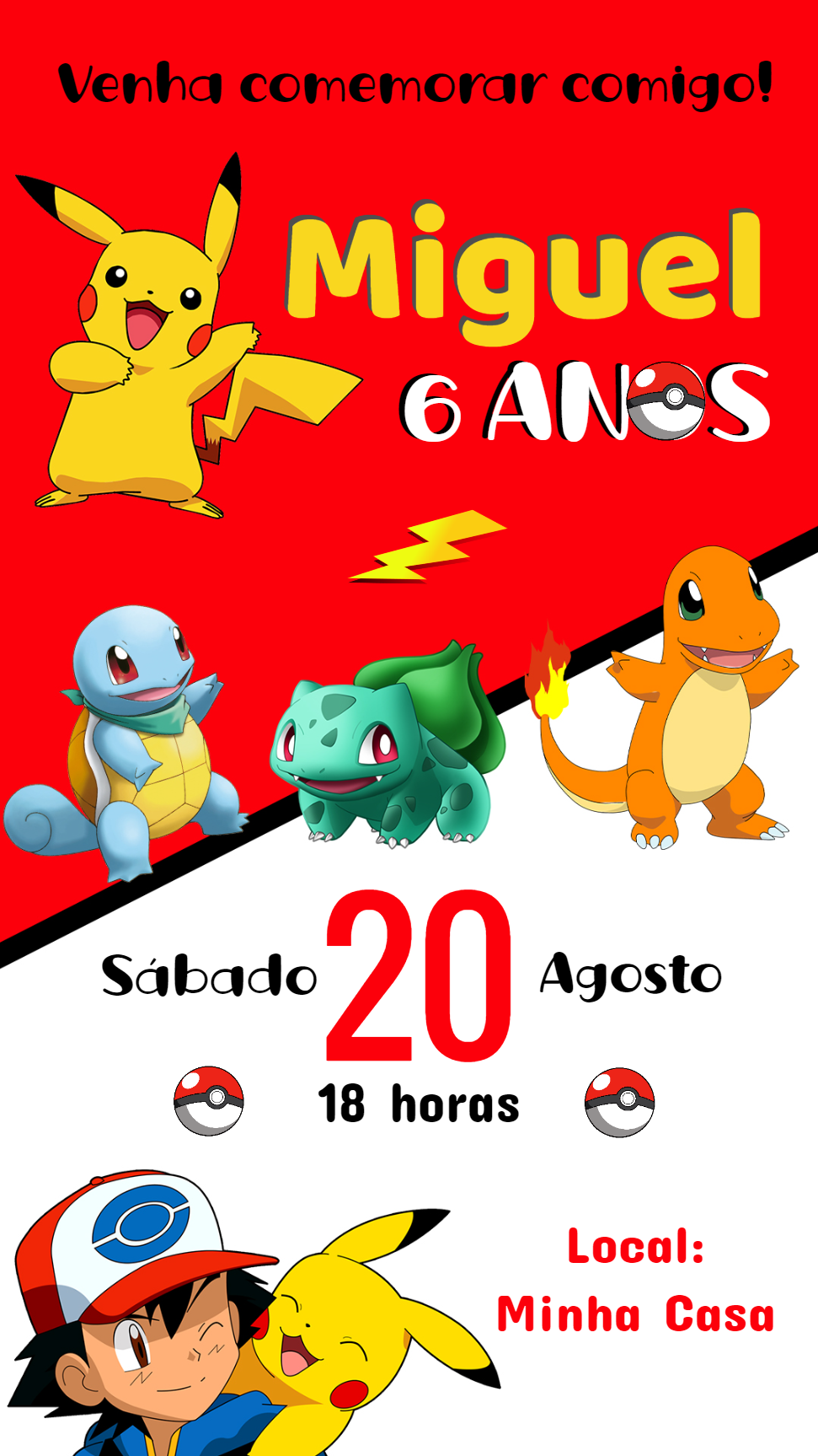 Convite de Aniversário Pokémon com Personagens para Editar Convite de Aniversário Pokémon com Personagens para Editar