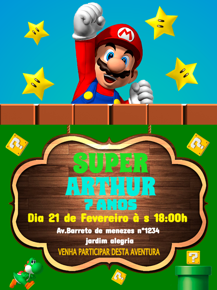 Convite de Aniversário Super Mario Editável Online Convite de Aniversário Super Mario Editável Online