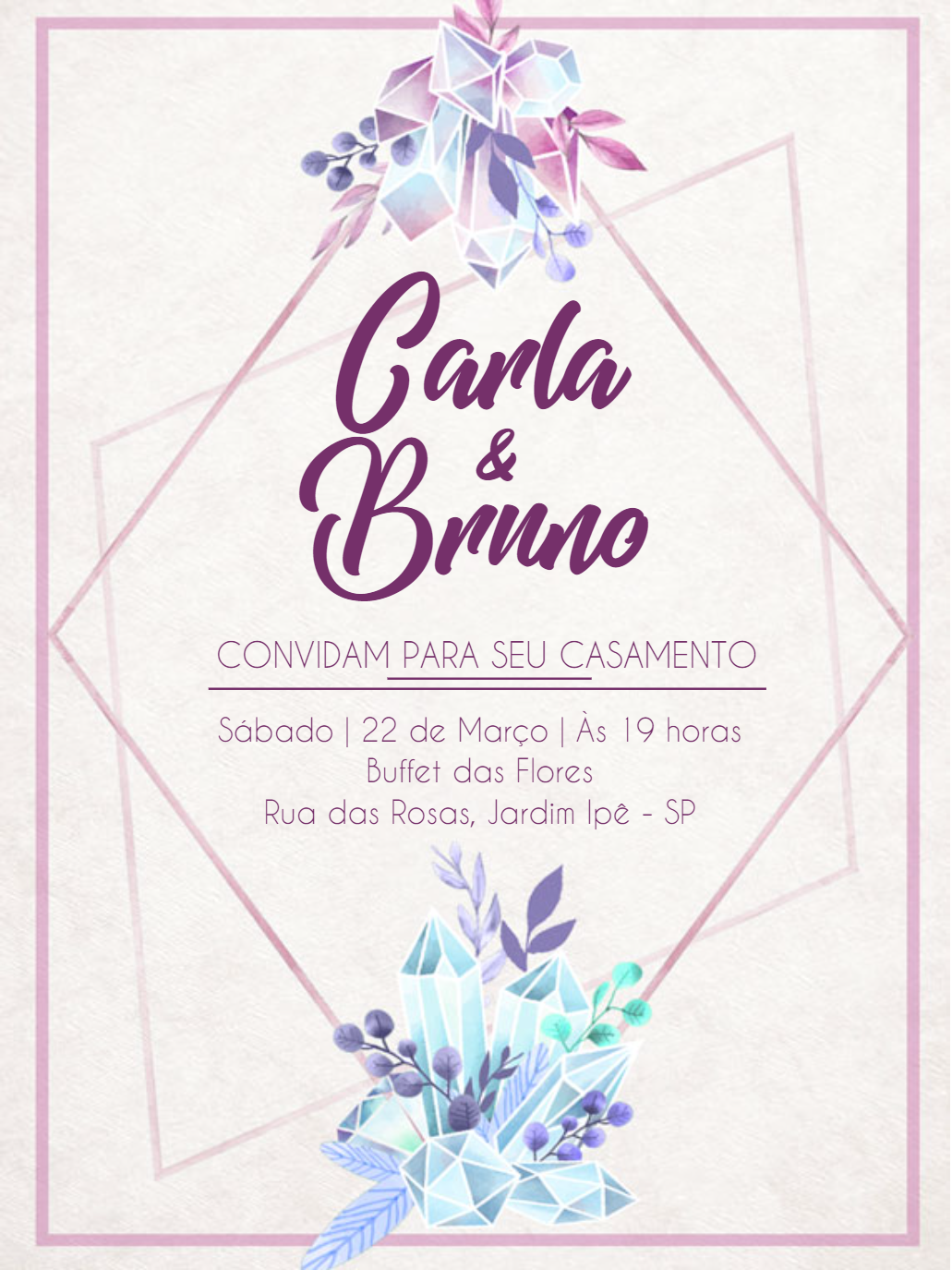 Convite de Casamento Cristais Lilás para Editar Online