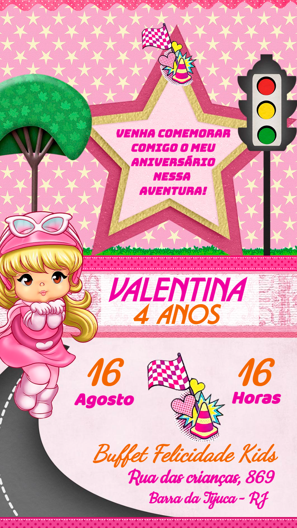 Convite Aniversário Corrida Menina Estilo Penélope para Editar Convite Aniversário Corrida Menina Estilo Penélope para Editar