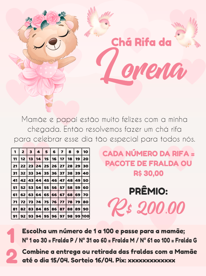 Chá Rifa Ursinha Bailarina Editável para Chá de Bebê Chá Rifa Ursinha Bailarina Editável para Chá de Bebê