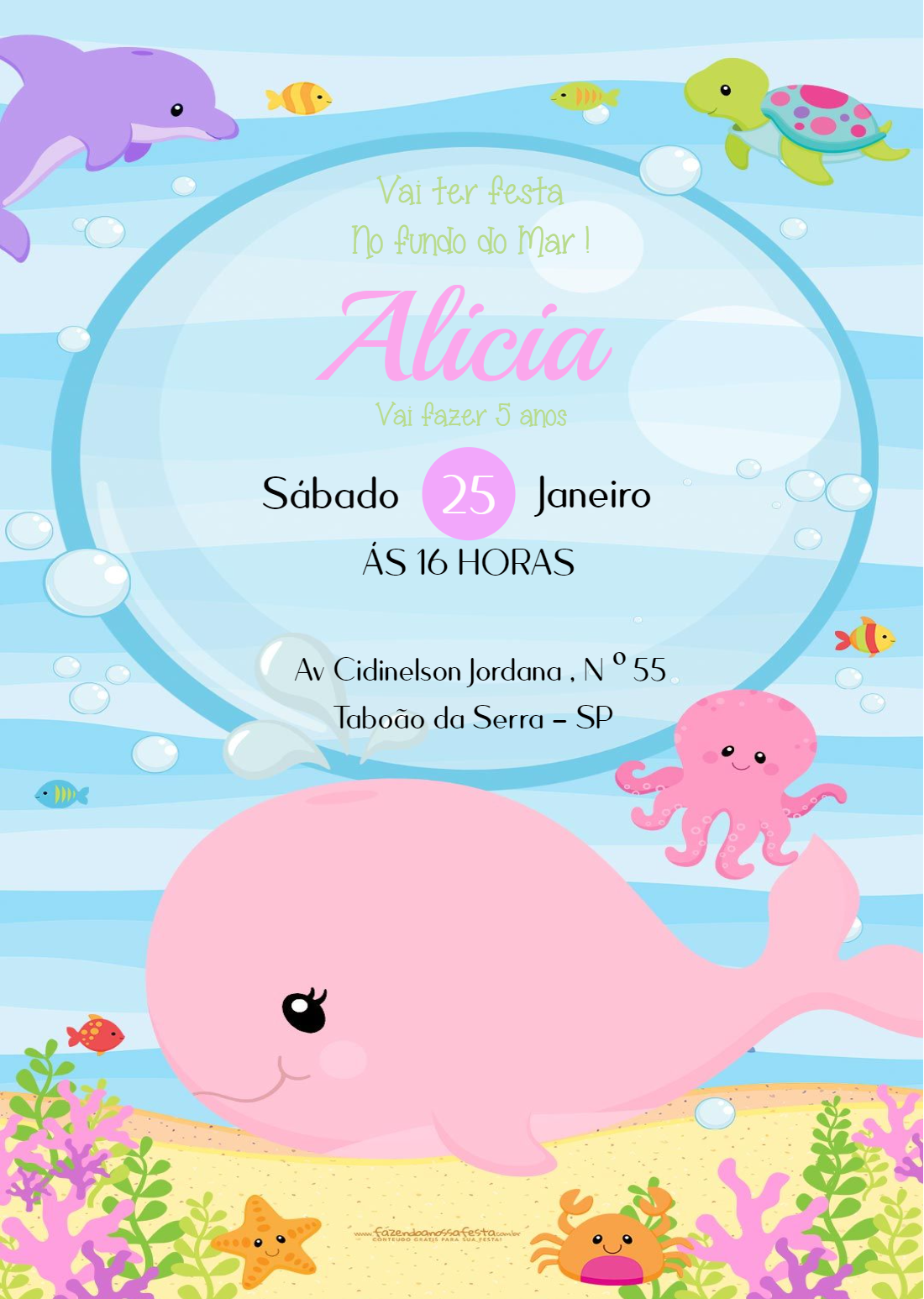 Convite Aniversário Fundo do Mar com Animais para Editar Online Convite Aniversário Fundo do Mar com Animais para Editar Online