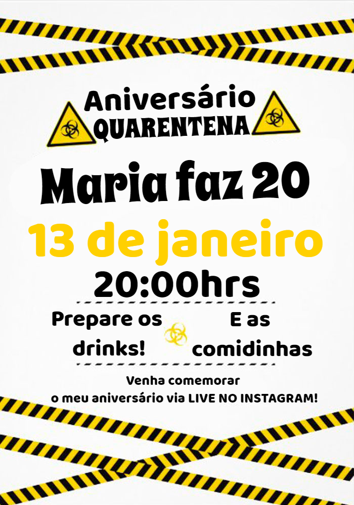 Convite de Aniversário Quarentena Virtual para Editar Online Convite de Aniversário Quarentena Virtual para Editar Online