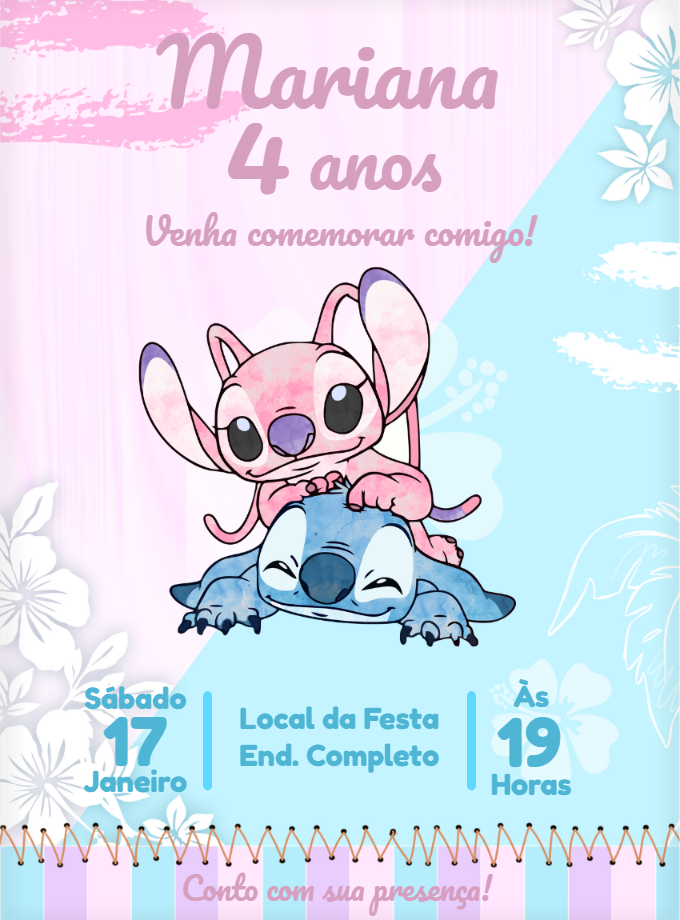Convite Aniversário Stitch e Angel para Editar Online Convite Aniversário Stitch e Angel para Editar Online