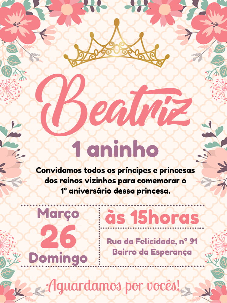 Convite de Aniversário Princesa com Coroa para Editar Online Convite de Aniversário Princesa com Coroa para Editar Online