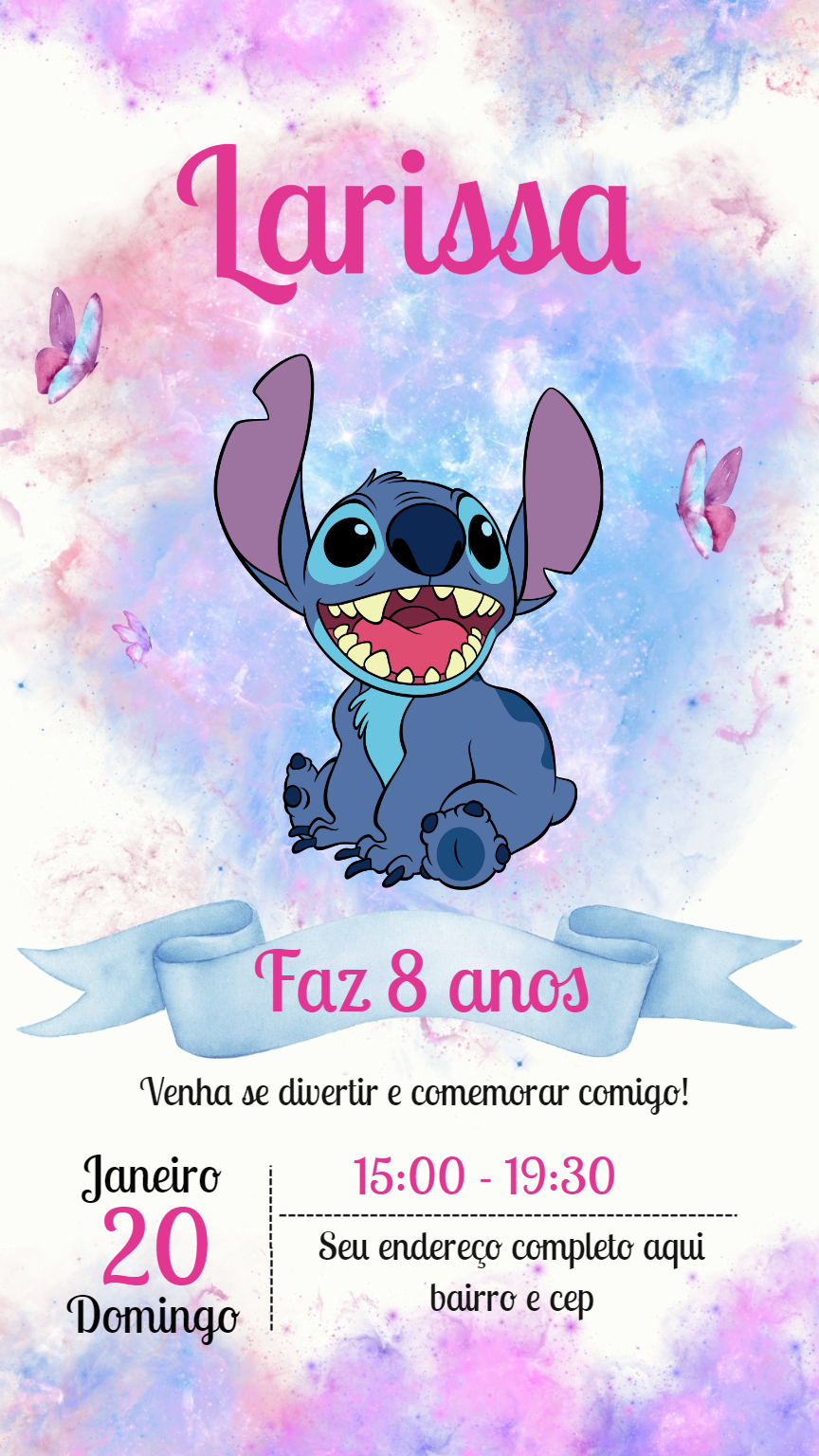 Convite de Aniversário Stitch Fofo para Editar Online Convite de Aniversário Stitch Fofo para Editar Online