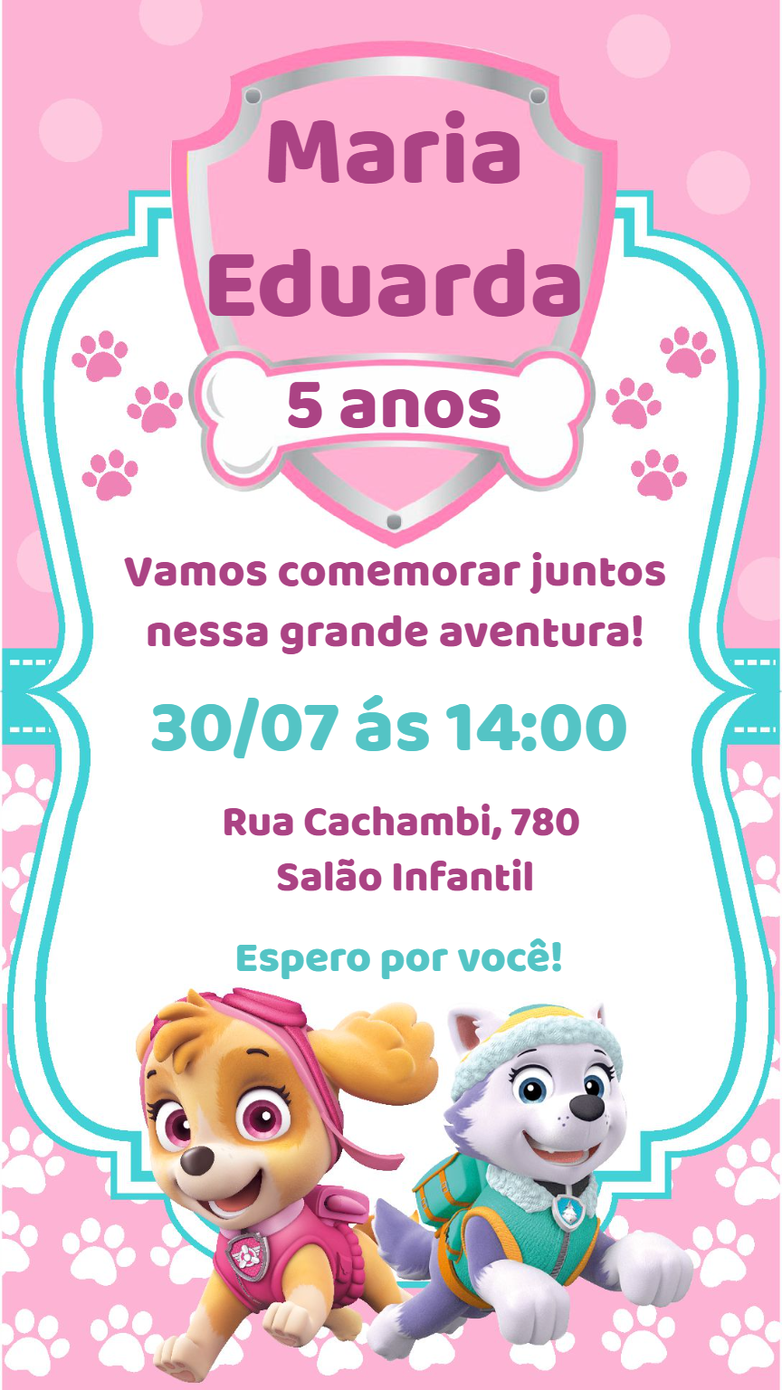 Convite de Aniversário Patrulha Canina Skye e Everest Editável Convite de Aniversário Patrulha Canina Skye e Everest Editável