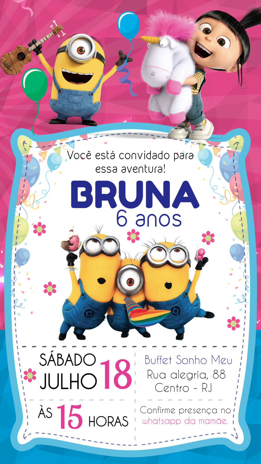 Convite Aniversário Minions e Agnes para Editar Online Convite Aniversário Minions e Agnes para Editar Online