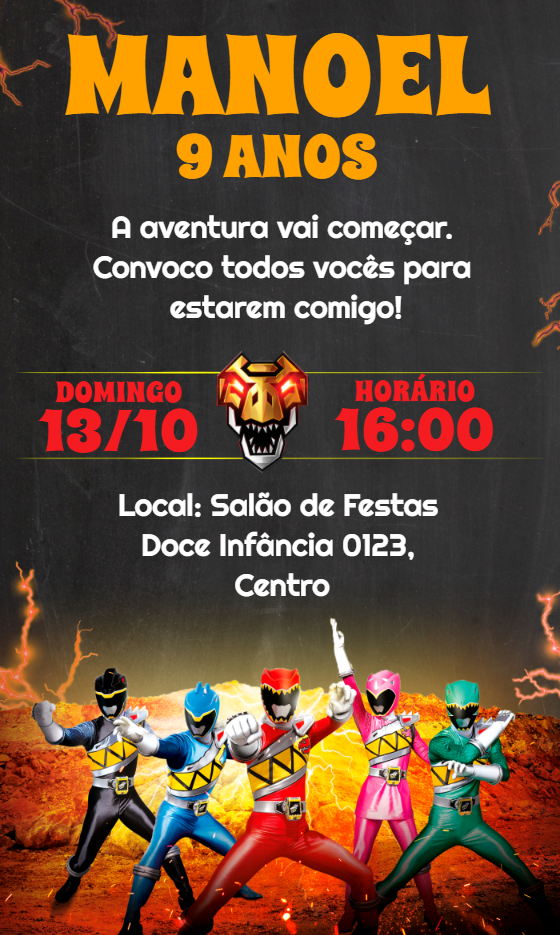 Convite de Aniversário Power Rangers Dino Charge para Editar Convite de Aniversário Power Rangers Dino Charge para Editar