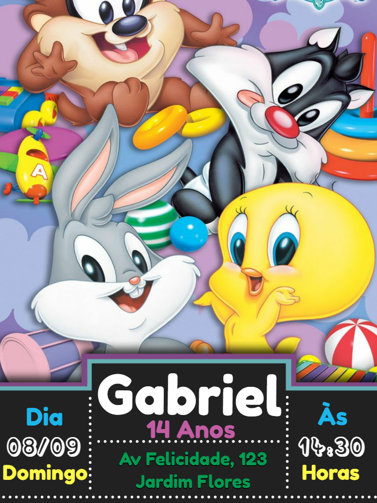 Convite Aniversário Baby Looney Tunes com Personagens para Editar Convite Aniversário Baby Looney Tunes com Personagens para Editar