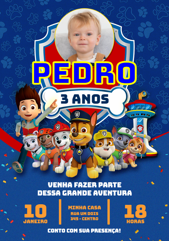 Convite Aniversário Patrulha Canina com Foto para Editar Online Convite Aniversário Patrulha Canina com Foto para Editar Online