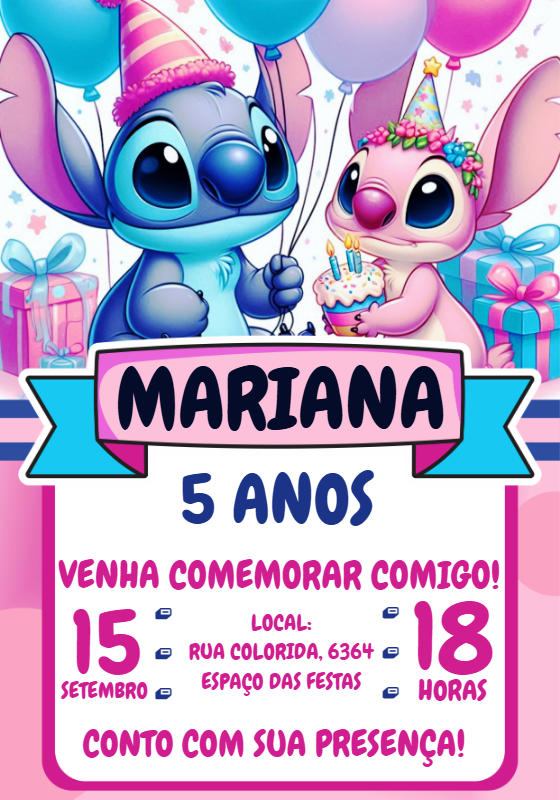 Convite de Aniversário Stitch e Angel para Editar Online Convite de Aniversário Stitch e Angel para Editar Online