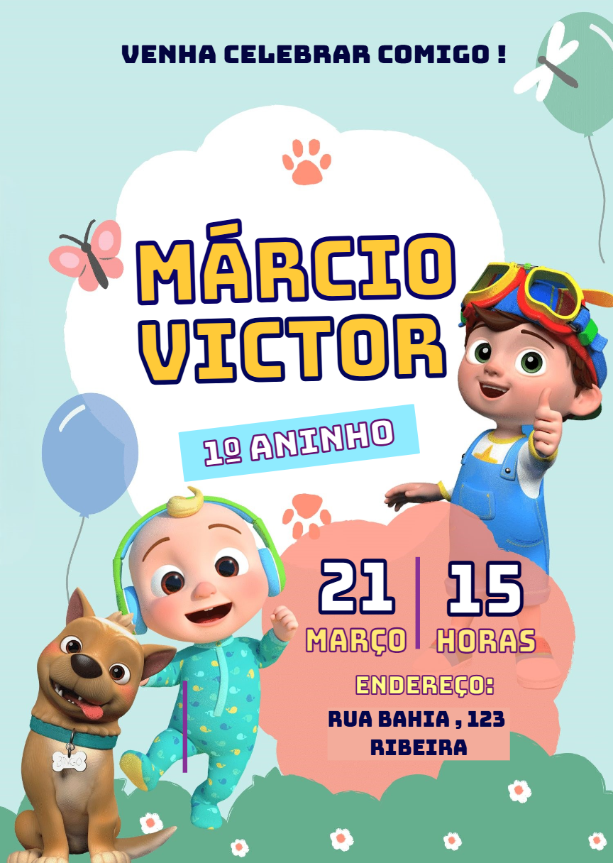 Convite Aniversário Cocomelon com Personagens para Editar Online