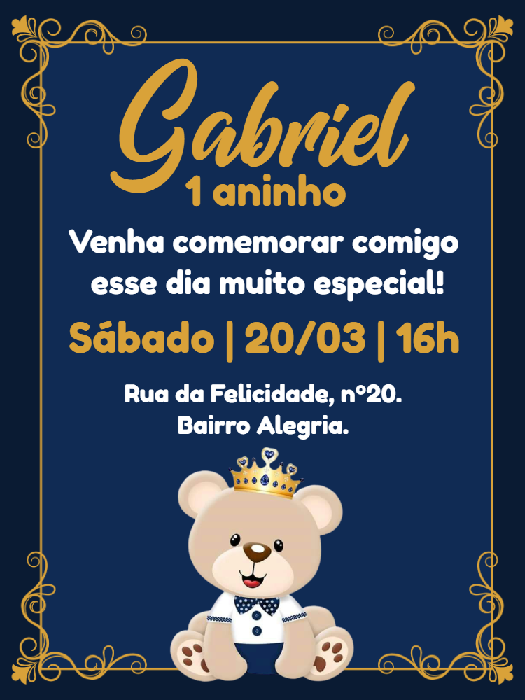 Convite Aniversário Ursinho Príncipe Realeza para Editar Online Convite Aniversário Ursinho Príncipe Realeza para Editar Online