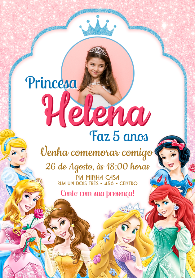 Convite Aniversário Princesas Disney com Foto para Editar Online Convite Aniversário Princesas Disney com Foto para Editar Online