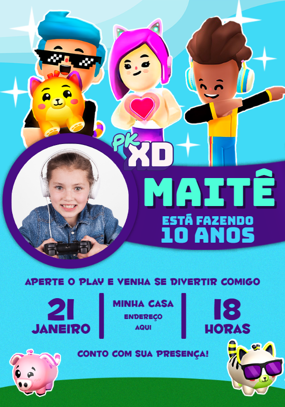 Convite de Aniversário PK XD com Foto para Editar Online Convite de Aniversário PK XD com Foto para Editar Online