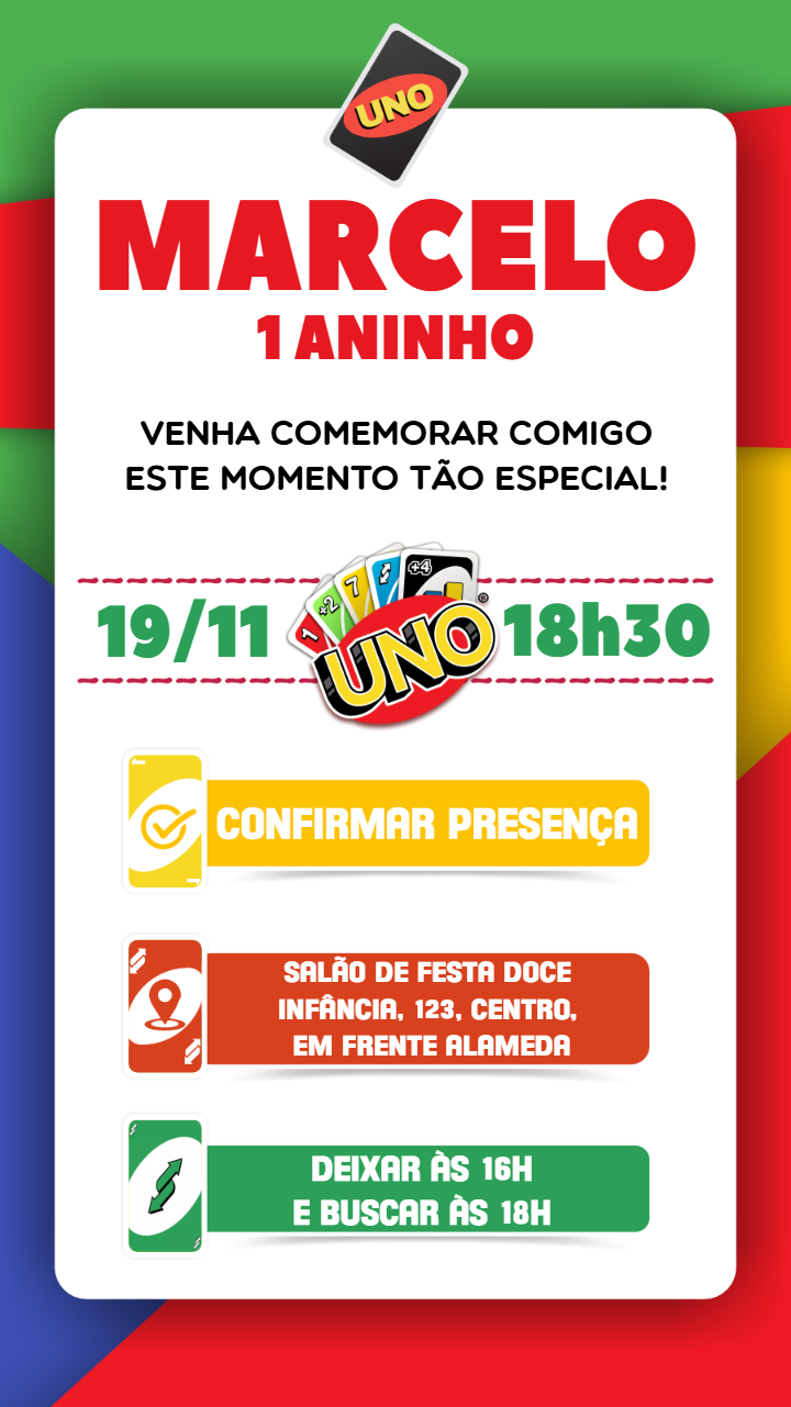 Convite de Aniversário Tema Uno Jogo de Cartas Editável Convite de Aniversário Tema Uno Jogo de Cartas Editável