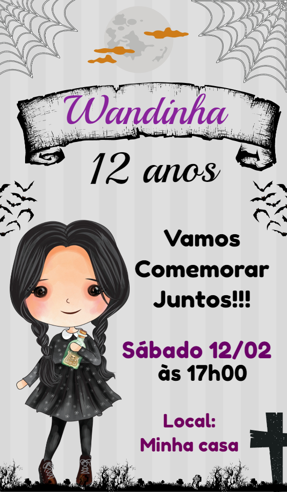 Convite de Aniversário Wandinha Addams para Editar Online