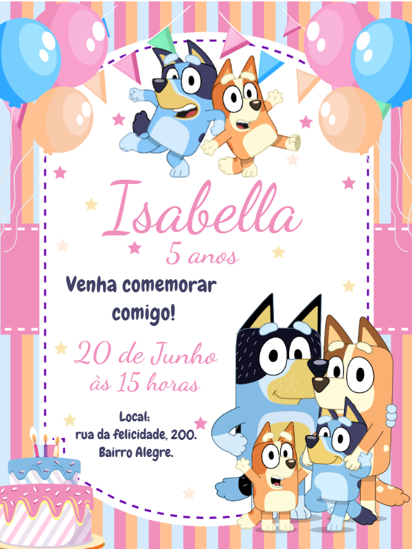Convite de Aniversário Bluey e Bingo para Editar Online