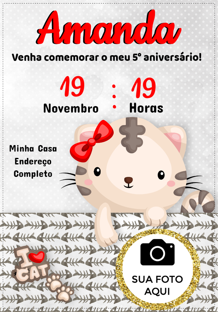 Convite de Aniversário Gatinho Fofo para Editar Online Convite de Aniversário Gatinho Fofo para Editar Online