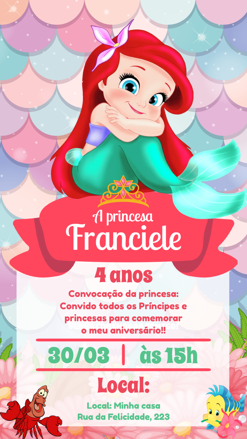 Convite Aniversário Sereia Ariel Baby para Editar Online Convite Aniversário Sereia Ariel Baby para Editar Online
