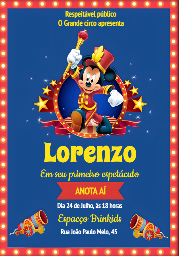 Convite Aniversário Circo do Mickey Mouse para Editar Online Convite Aniversário Circo do Mickey Mouse para Editar Online