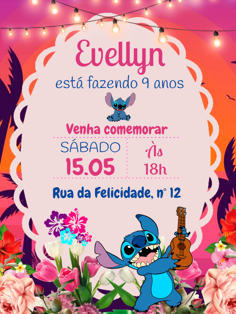 Convite Aniversário Stitch Tropical para Editar Online Convite Aniversário Stitch Tropical para Editar Online
