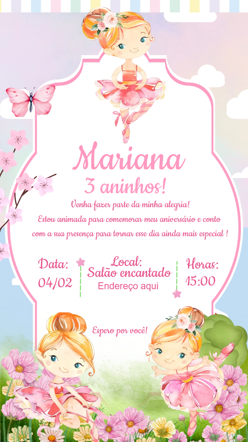 Convite de Aniversário Bailarina Aquarela para Editar Online Convite de Aniversário Bailarina Aquarela para Editar Online