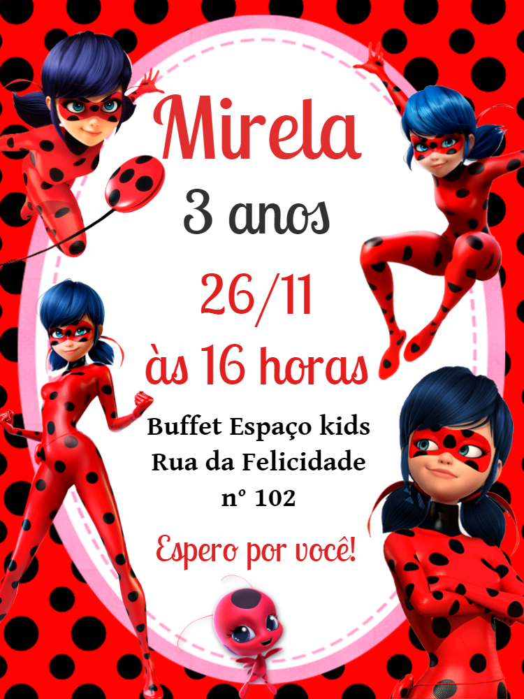 Convite de Aniversário Miraculous LadyBug para Editar Online Convite de Aniversário Miraculous LadyBug para Editar Online
