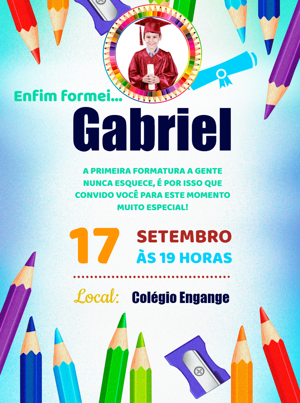 Convite Formatura Infantil com Foto e Lápis de Cor para Editar Convite Formatura Infantil com Foto e Lápis de Cor para Editar
